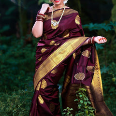 ridal Collection Lichi Silk Saree with Fancy Zari Work -Wine