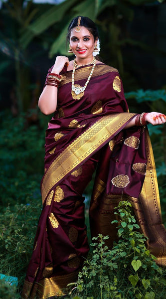 ridal Collection Lichi Silk Saree with Fancy Zari Work -Wine