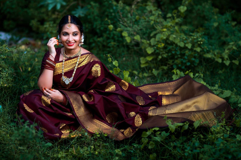 ridal Collection Lichi Silk Saree with Fancy Zari Work -Wine