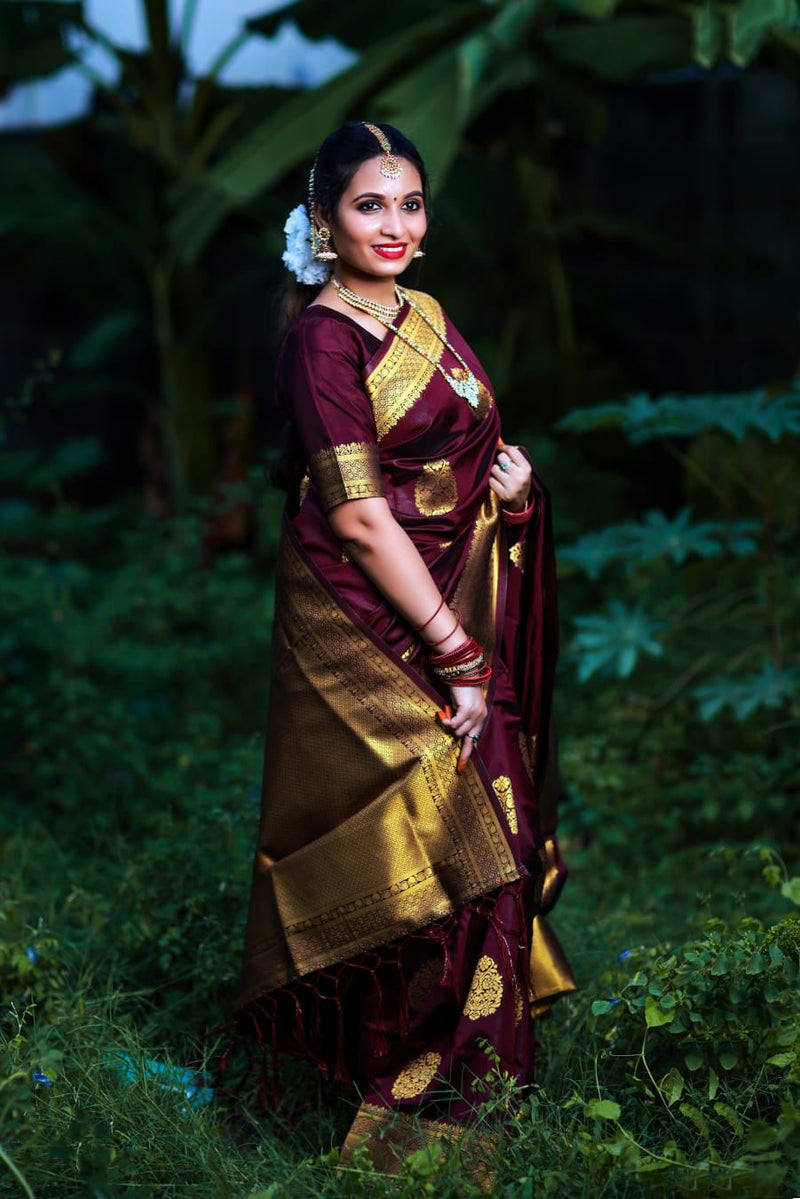ridal Collection Lichi Silk Saree with Fancy Zari Work -Wine