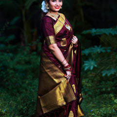 ridal Collection Lichi Silk Saree with Fancy Zari Work -Wine