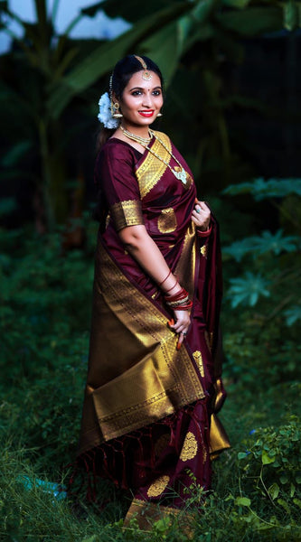 ridal Collection Lichi Silk Saree with Fancy Zari Work -Wine