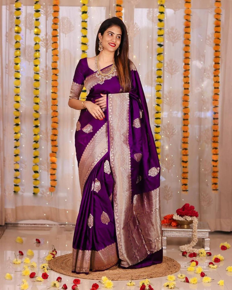 ridal Collection Lichi Silk Saree with Fancy Zari Work Purple