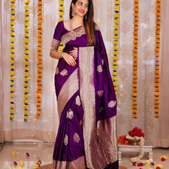 ridal Collection Lichi Silk Saree with Fancy Zari Work Purple