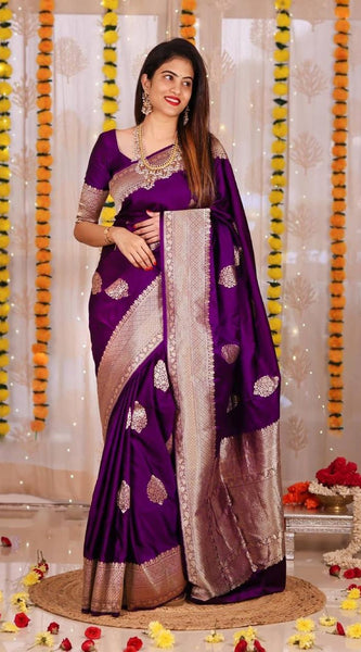 ridal Collection Lichi Silk Saree with Fancy Zari Work Purple