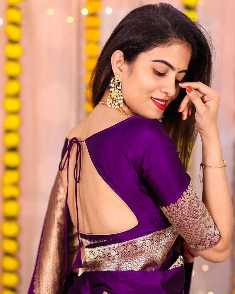 ridal Collection Lichi Silk Saree with Fancy Zari Work Purple