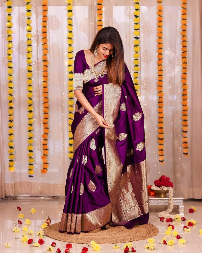 ridal Collection Lichi Silk Saree with Fancy Zari Work Purple