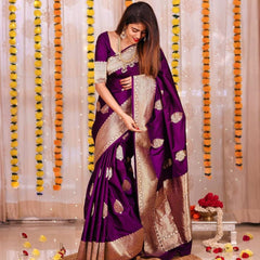 ridal Collection Lichi Silk Saree with Fancy Zari Work Purple