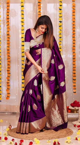 ridal Collection Lichi Silk Saree with Fancy Zari Work Purple