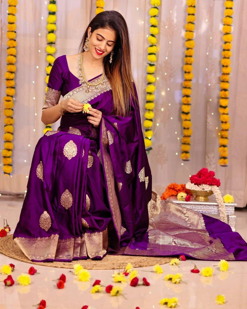 ridal Collection Lichi Silk Saree with Fancy Zari Work Purple