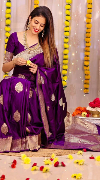 ridal Collection Lichi Silk Saree with Fancy Zari Work Purple
