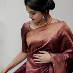 Authentic Lichi Silk Saree with Designer Zari Work - Marron