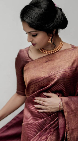 Authentic Lichi Silk Saree with Designer Zari Work - Marron