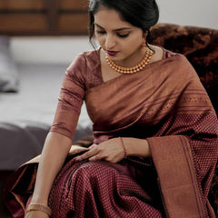 Authentic Lichi Silk Saree with Designer Zari Work - Marron