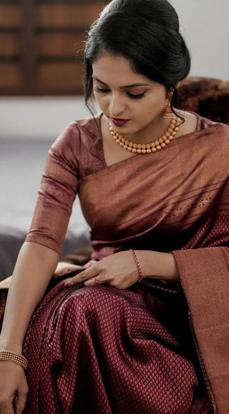 Authentic Lichi Silk Saree with Designer Zari Work - Marron