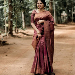 Authentic Lichi Silk Saree with Designer Zari Work - Marron