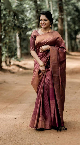 Authentic Lichi Silk Saree with Designer Zari Work - Marron