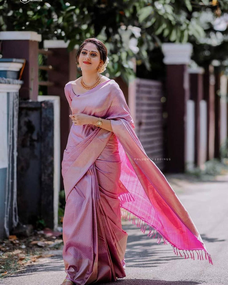 Authentic Lichi Silk Saree with Designer Zari Work - Pink