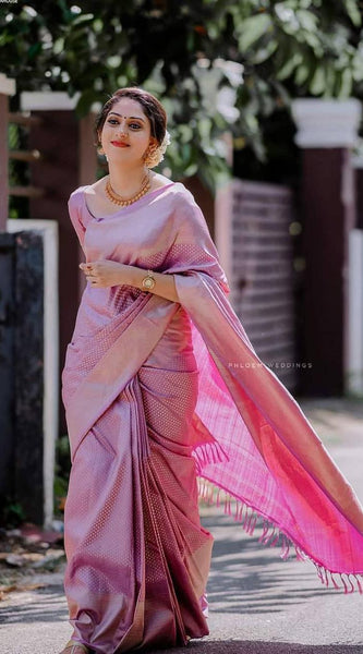 Authentic Lichi Silk Saree with Designer Zari Work - Pink