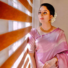 Authentic Lichi Silk Saree with Designer Zari Work - Pink