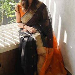Flamboyant Black Cotton Silk Saree With Staring Blouse Piece