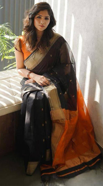 Flamboyant Black Cotton Silk Saree With Staring Blouse Piece