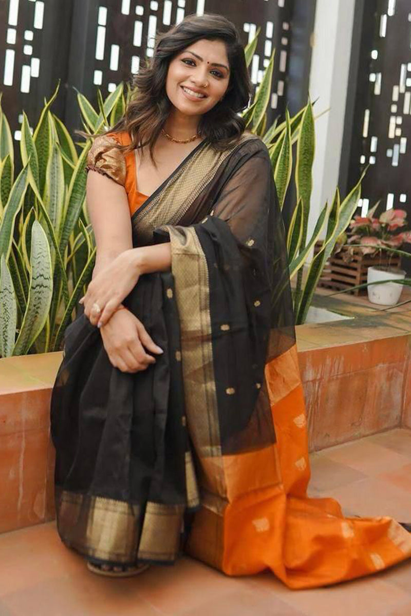 Flamboyant Black Cotton Silk Saree With Staring Blouse Piece