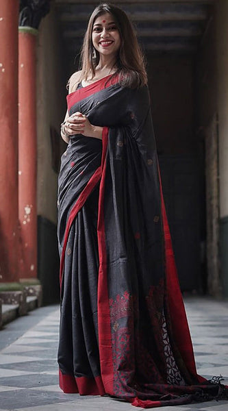 Imbrication Black Cotton Silk Saree With Scintilla Blouse Piece