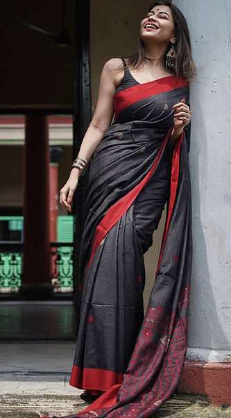 Imbrication Black Cotton Silk Saree With Scintilla Blouse Piece