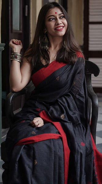 Imbrication Black Cotton Silk Saree With Scintilla Blouse Piece