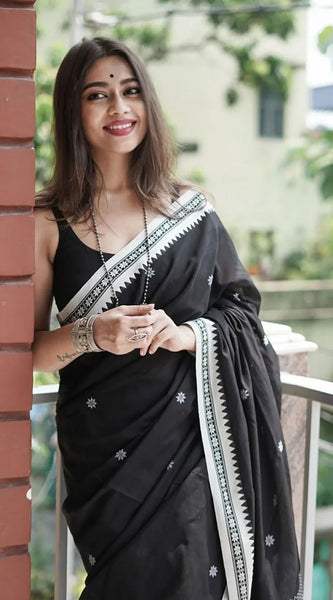 Twirling Black Cotton Silk Saree With Opulent Blouse Piece