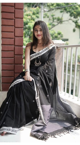 Twirling Black Cotton Silk Saree With Opulent Blouse Piece