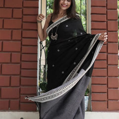 Twirling Black Cotton Silk Saree With Opulent Blouse Piece