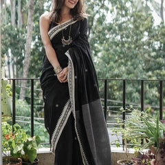Twirling Black Cotton Silk Saree With Opulent Blouse Piece
