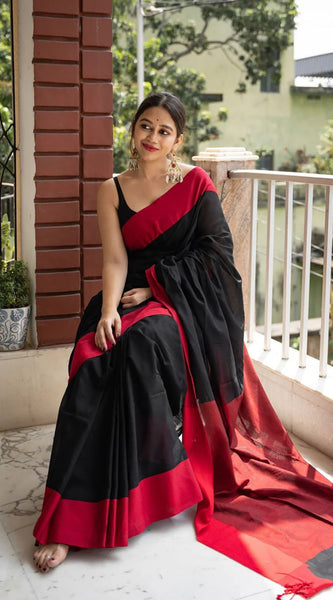 Beautiful Black Cotton Silk Saree With Designer Blouse Piece
