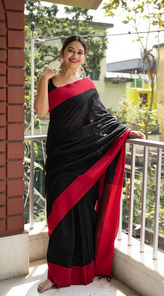 Beautiful Black Cotton Silk Saree With Designer Blouse Piece