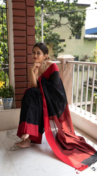 Beautiful Black Cotton Silk Saree With Designer Blouse Piece