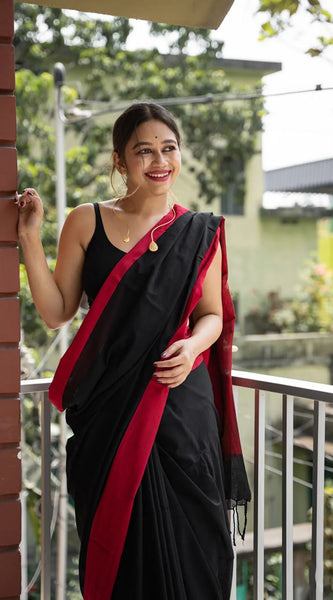 Beautiful Black Cotton Silk Saree With Designer Blouse Piece