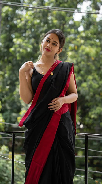 Beautiful Black Cotton Silk Saree With Designer Blouse Piece