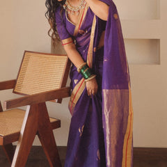 Outstanding Purple Cotton Silk Saree With Flattering Blouse Piece