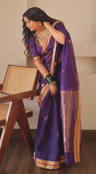 Outstanding Purple Cotton Silk Saree With Flattering Blouse Piece