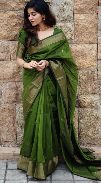 Dazzling Green Cotton Silk Saree With Beautiful Blouse Piece
