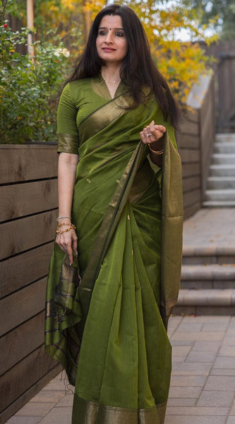 Lissome Green Cotton Silk Saree With Ratatouille Blouse Piece