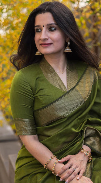Lissome Green Cotton Silk Saree With Ratatouille Blouse Piece