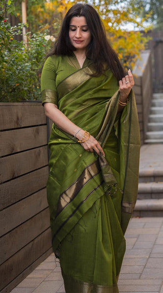 Lissome Green Cotton Silk Saree With Ratatouille Blouse Piece