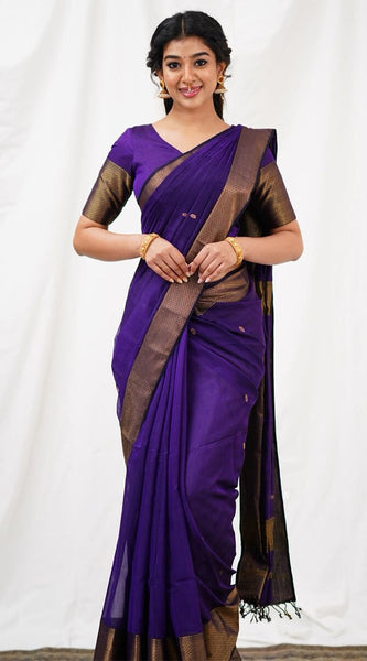 Exceptional Purple Cotton Silk Saree With Classic Blouse Piece