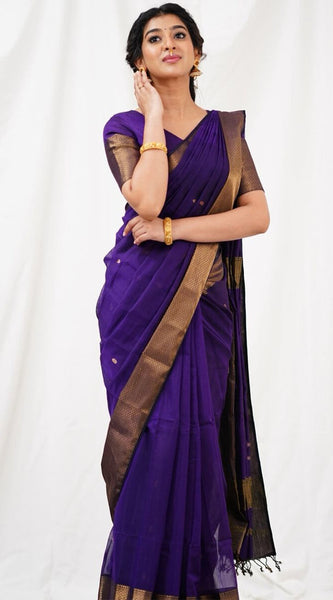 Exceptional Purple Cotton Silk Saree With Classic Blouse Piece