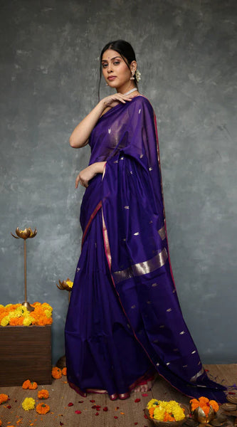 Fantabulous Navy Blue Cotton Silk Saree With Embellished Blouse Piece