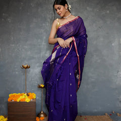 Fantabulous Navy Blue Cotton Silk Saree With Embellished Blouse Piece