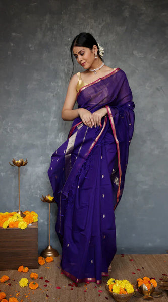 Fantabulous Navy Blue Cotton Silk Saree With Embellished Blouse Piece